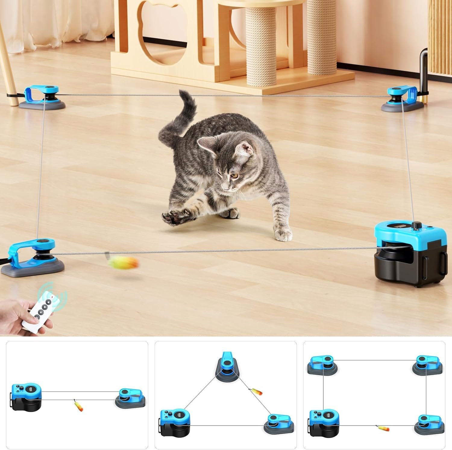 AsFrost Upgraded Interactive Cat Toy for Indoor Cats, Auto/Manual Control DIY Cat Feather Mouse Toy Treadmill for Bored Kitten Puppy Play Chase Run Exercise Hunting Mental Stimulation-Sky Blue
