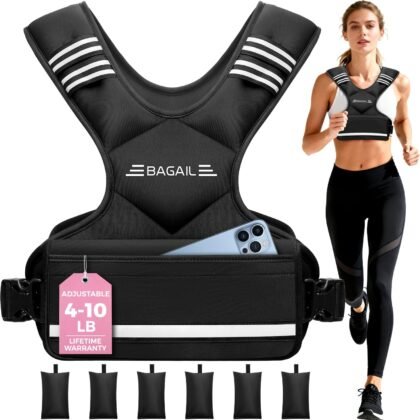 BAGAIL Adjustable Weighted Vest for Women & Men, 4-10lb/12-18lb/20-32lb Weight Vest for Home Workouts with 6 Ironsand Weights, Reflective Rucking Vest for Walking, Running, HIIT & Strength Training