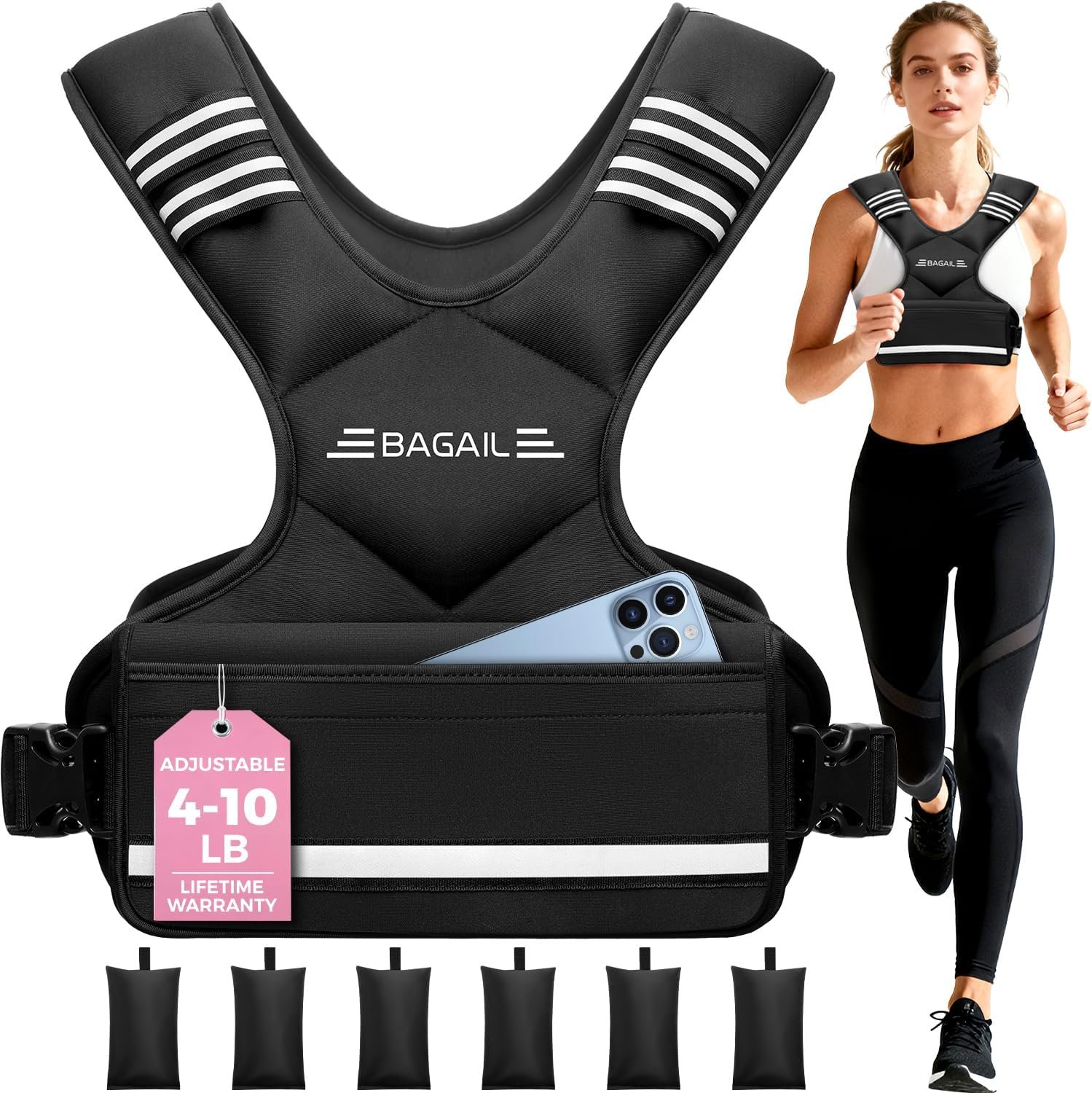 BAGAIL Adjustable Weighted Vest for Women & Men, 4-10lb/12-18lb/20-32lb Weight Vest for Home Workouts with 6 Ironsand Weights, Reflective Rucking Vest for Walking, Running, HIIT & Strength Training