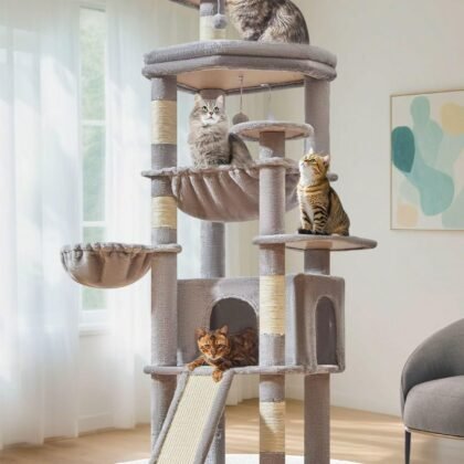 Taoqimiao 72 Inches Cat Tree for Large Cats, Multi-Level Tall Cat Tower, Widened Cat Condo with Large Scratch Board, 5 Scratching Posts, Metal Hammcock, Cozy Basket, Light Gray, MS045W