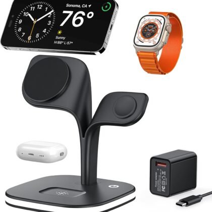 3 in 1 Wireless Charging Station for Apple Magsafe Charger Stand,Magnetic Wireless Charger Station for iPhone 17 Air 16 15 14 13 12 Series,Apple Watch Series 1-10,AirPods with LED and Adapter