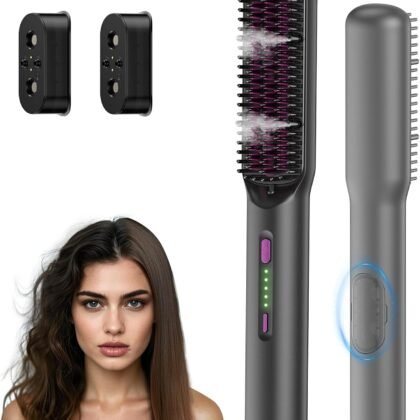 2 in 1 Steam Hair Straightener Brush, MSDS Approved 30s Fast Heat-up Electric Portable steam Straightener Brush Hot Comb with 2 Essential Oils, Reduce Frizz, Nourishes Hair, 20Min Auto Shut-Off