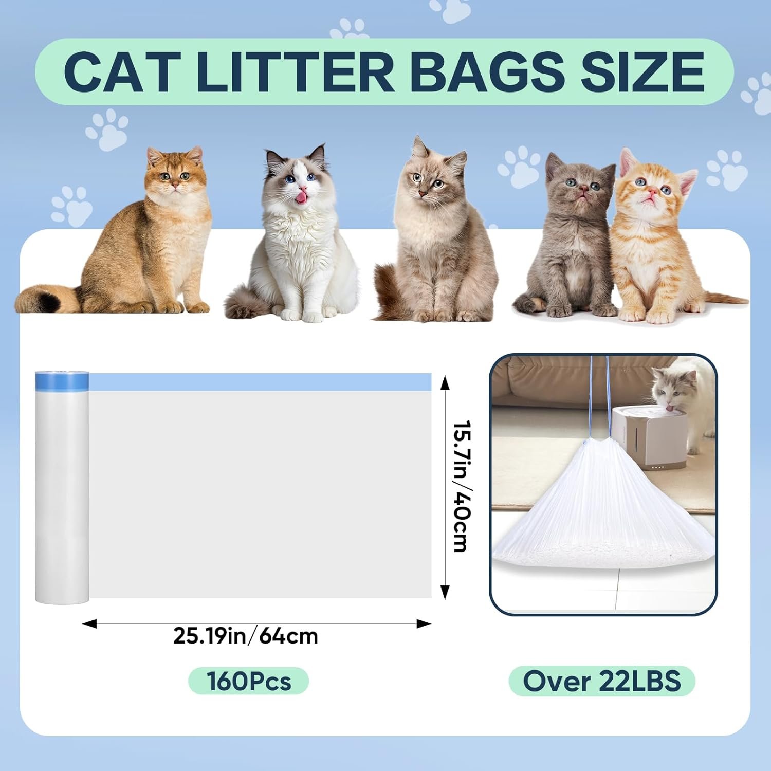 160 Count Cat Litter Box Liners Compatible with Litter Robot 3 & 4, Cat Litter Liners for Automatic Litter Box, 10-12 Gallon Heavy Duty Waste Bags with Drawstrings, 25.19" x 15.7" - Image 2