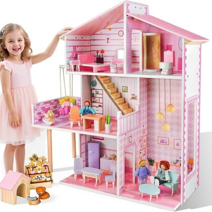 Doloowee Wooden Dollhouse for Girls, Modern Doll House with 31Pcs Furniture & Accessories, DIY Pretend Play Toys with 4 Dolls Figure and 1 Puppy, Gift for Kids Ages 3+
