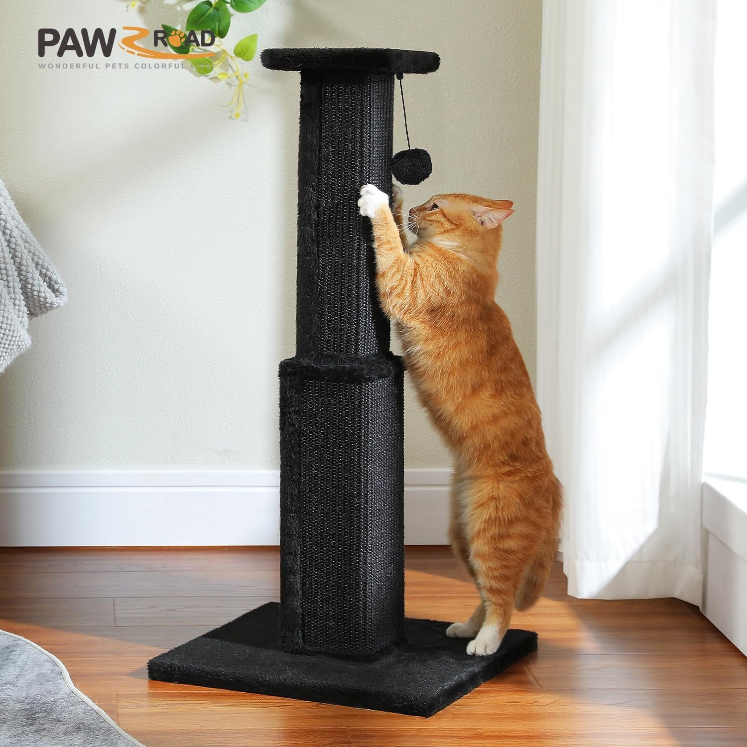 PAWZ Road Large Cat Scratching Post 32” Tall Black Scratching Post for Indoor Cats Adults Ultimate Scratch Post with Woven Sisal, Large Base and Removable Dangling Ball- Black - Image 7