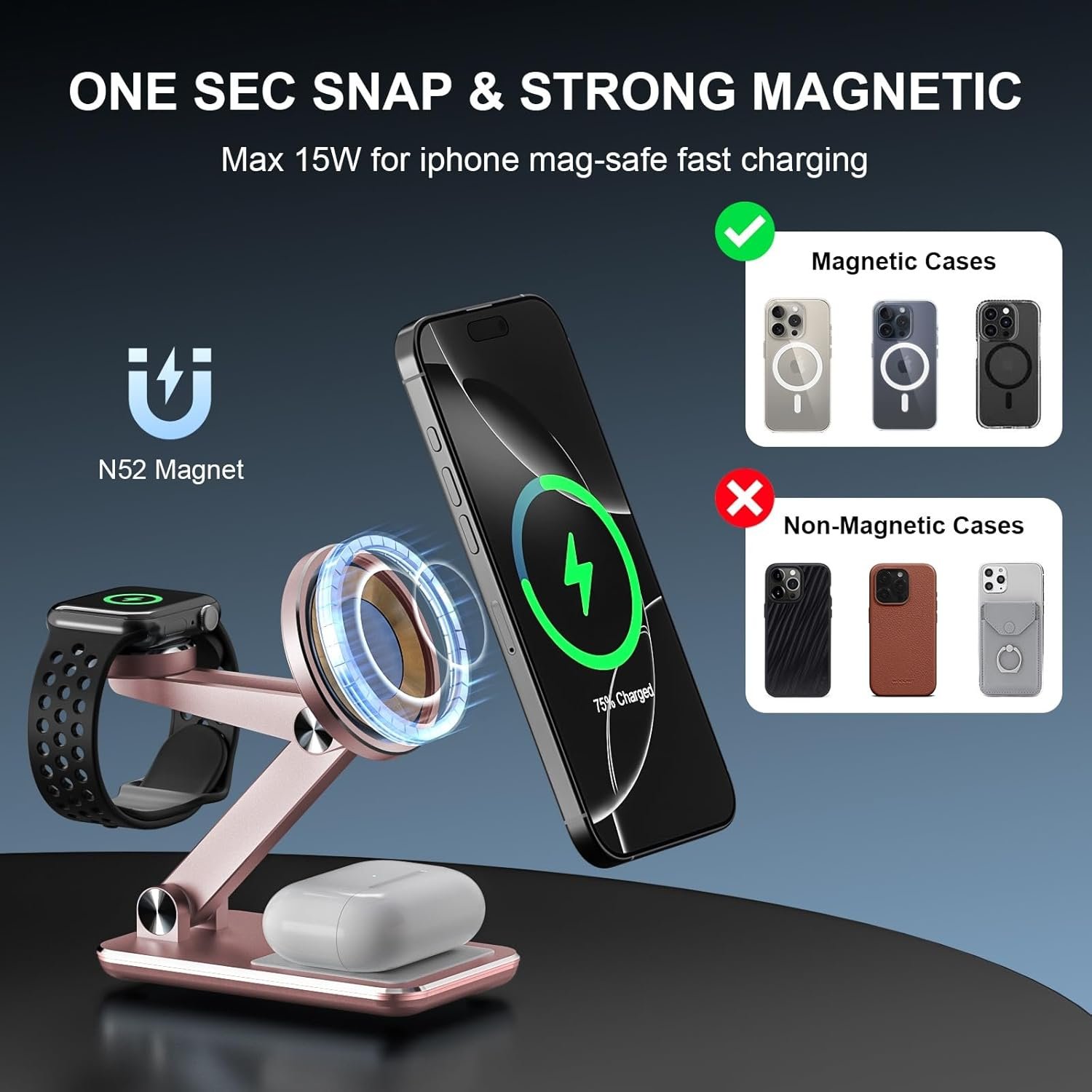 Wireless Charger 3 in 1,Foldable Wireless Charging Station for Apple MagSafe Charger,Aluminum Portable Magnetic Travel Charger Stand for iPhone,Watch,Aipods (with 20W Adapter & Case) - Image 4