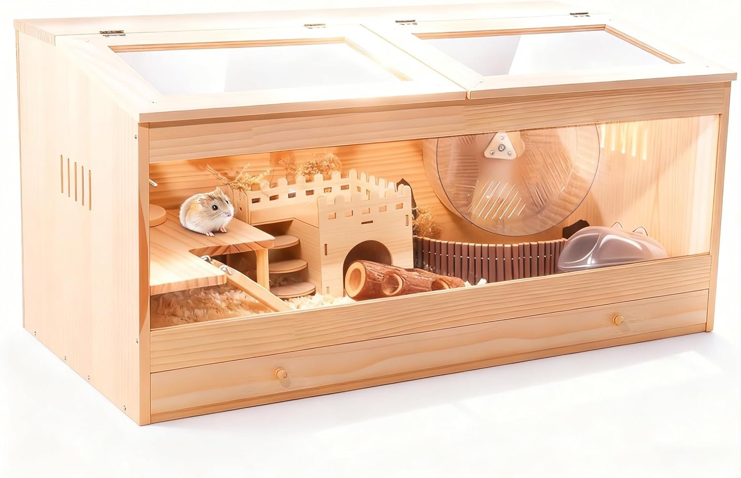 31.5 Inch Wooden Hamster Cage with Pull-Out Tray, Small Animal Habitat with Double Skylight Doors for Gerbil, Mouse, Guinea Pig, Rat, No Accessories