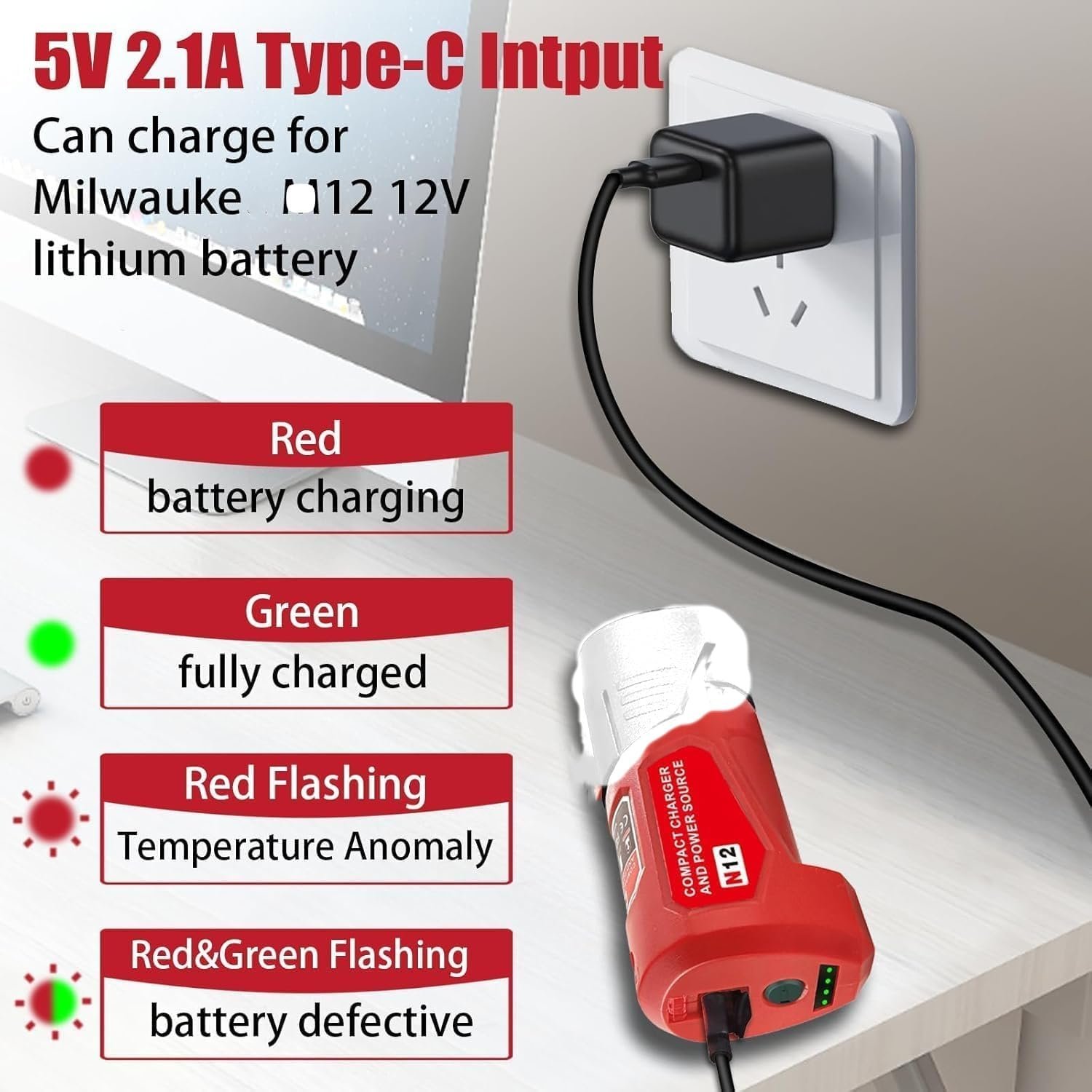 for Milwaukee M-12 12V Power Source Adapter with USB & Type C DC Port, Heated Jacket Charger Adapter for Milwaukee M-12 Battery 48-11-2420 48-11-2411 48-11-2401 - Image 5