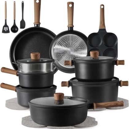CAROTE 24Pcs Nonstick Kitchen Titanium Cookware Sets, Non stick Pots and Pans set, Induction Cookware Set Black