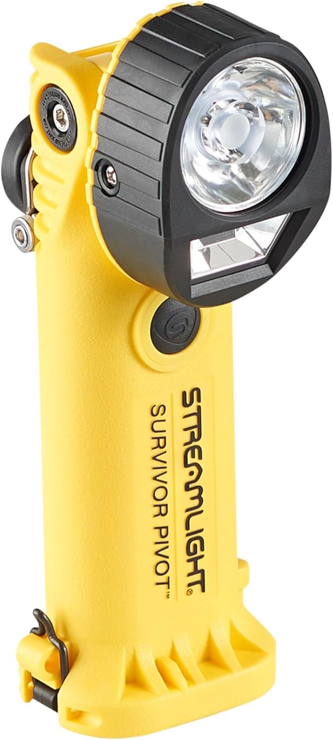 Streamlight 91831 Survivor Pivot 325-Lumen Right Angle Articulating Dual Beam Rechargeable Flashlight with 120V/100V AC/12V DC, Magnet and Clip, Yellow
