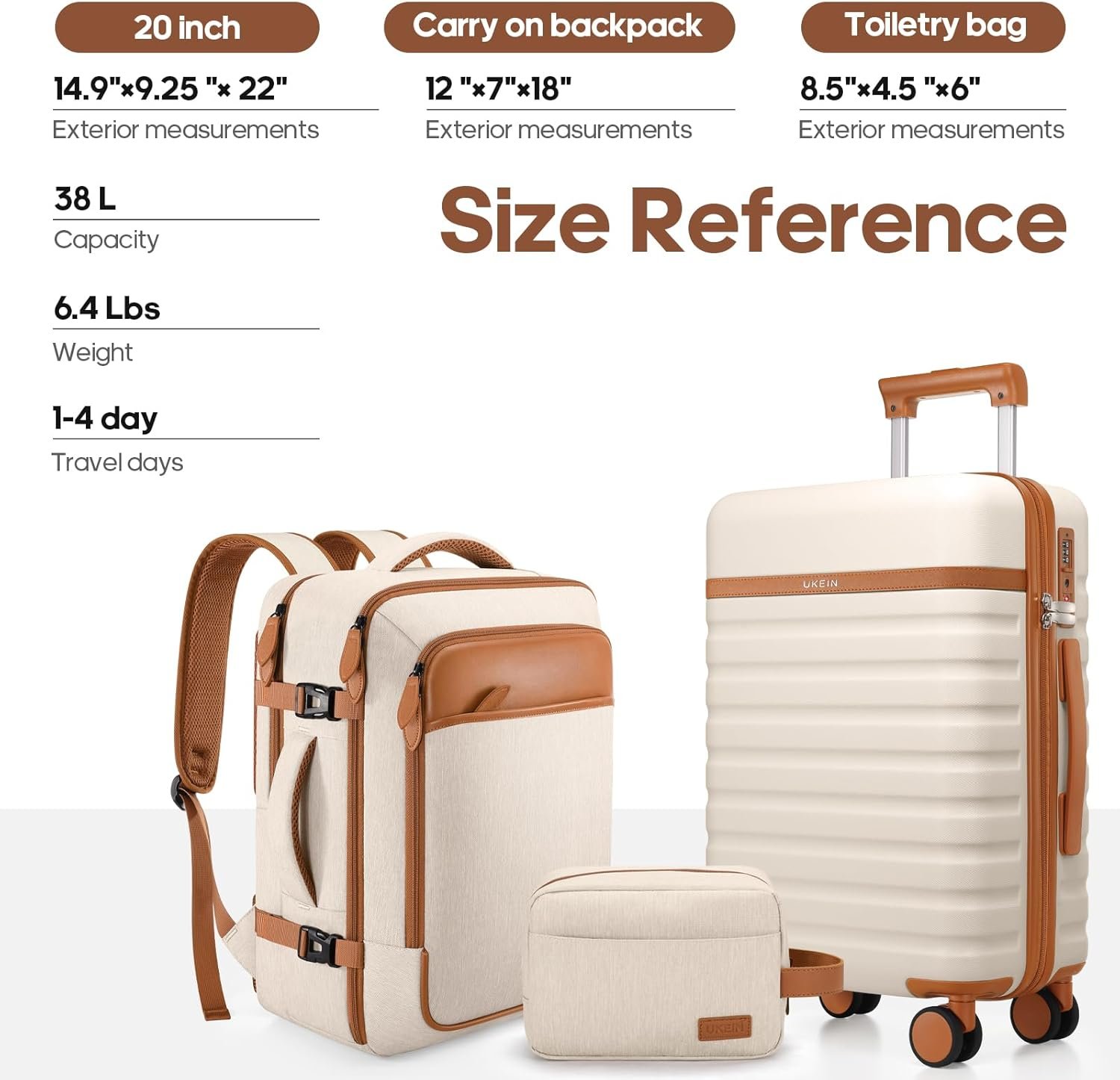 UKEIN Luggage Sets 3 Piece, Carry On Luggage 20In With Spinner Wheels,PC Hardside Suitcase Set with TSA Lock,Durable Carry On Suitcase With Travel Backpack for Men (Beige, 3 piece set (20inch)) - Image 7