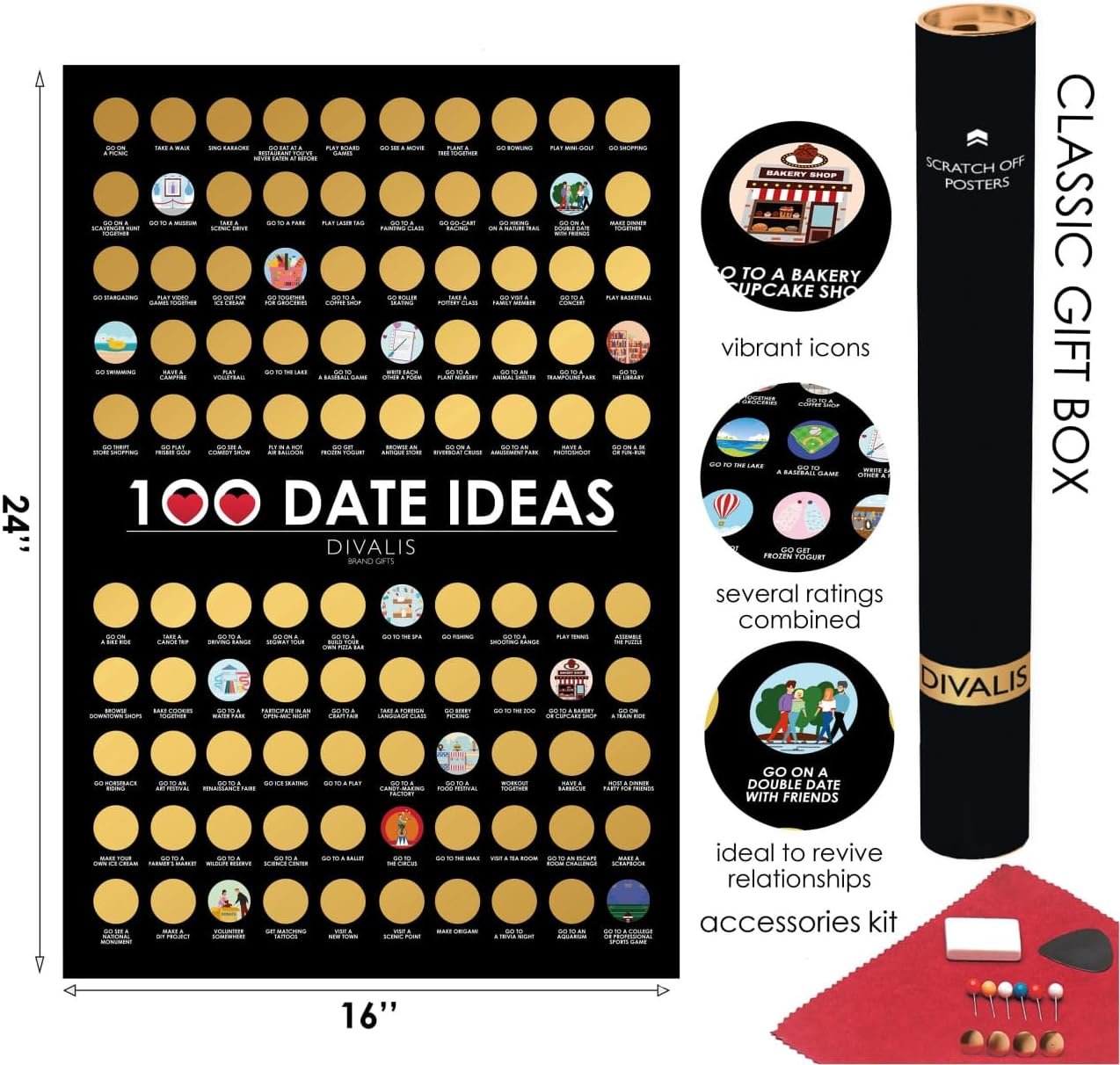 Divalis 100 Dates Scratch off Bucket List - Scratching Adventure Couple Things to Do Poster Scratchable Motivational Archievements Checklist, Black and Gold, L - Image 3