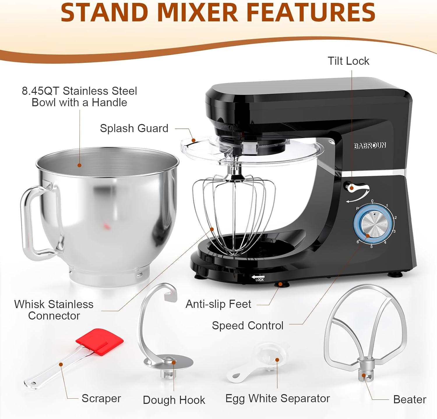 Dough Mixer 8.45 QT Electric Mixer - 660W 6 Speed Large Capacity Kitchen Stand Mixer with Whisk Dough Hook Mixing Beater Household Food Mixer for Baking Cakes Cookie Bread Salad - Image 7