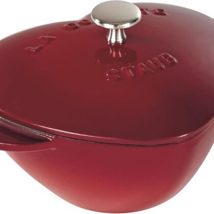 STAUB Cast Iron Dutch Oven 1.75-qt Heart Cocotte, Made in France, Serves 1, Black, Cherry