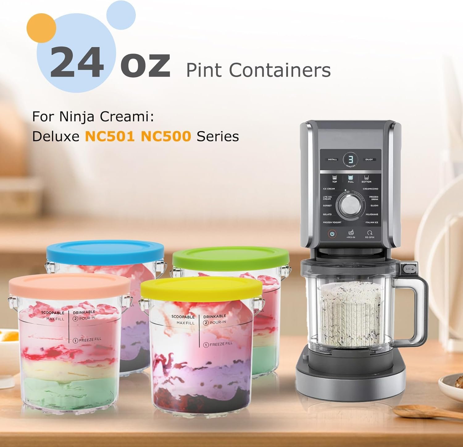 Soobool For Ninja Creami Deluxe Pints- 4 Pack, NC500 NC501 Ice Cream Pint fit for Ninja Delux Ice Cream Maker, For Ninja Creami Deluxe Containers Hold 24 Ounces of Food, Dishwasher Safe - Image 2