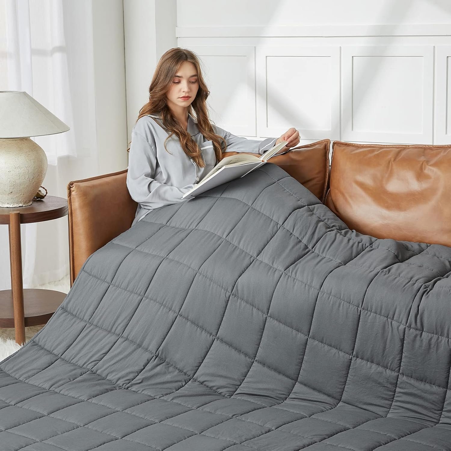 CYMULA Weighted Blanket for Adults (15lbs 60"x80" Queen Size) - Cooling Breathable Heavy Blankets for Summer Winter - Ultra Microfiber Soft Comfort Throw with Glass Beads - Gifts for Men/Women - Image 5