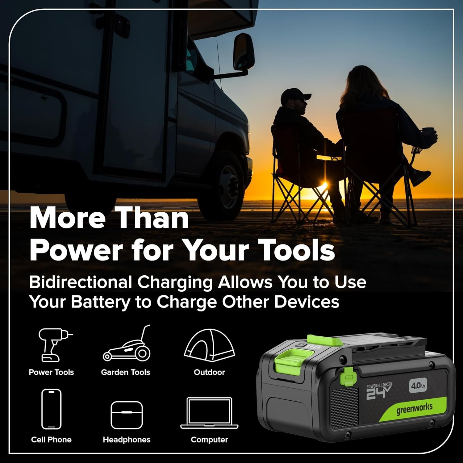 GREENWORKS 24V (4-TOOL) Combo (1/2” Drill + 1/4” Impact Driver + 6.5” Circular Saw + 200Lm Flashlight), 4.0Ah + 2.0Ah Batteries (24,000mAh Power Bank), (2) Braided Cables, 65W Rapid Charger - Image 5
