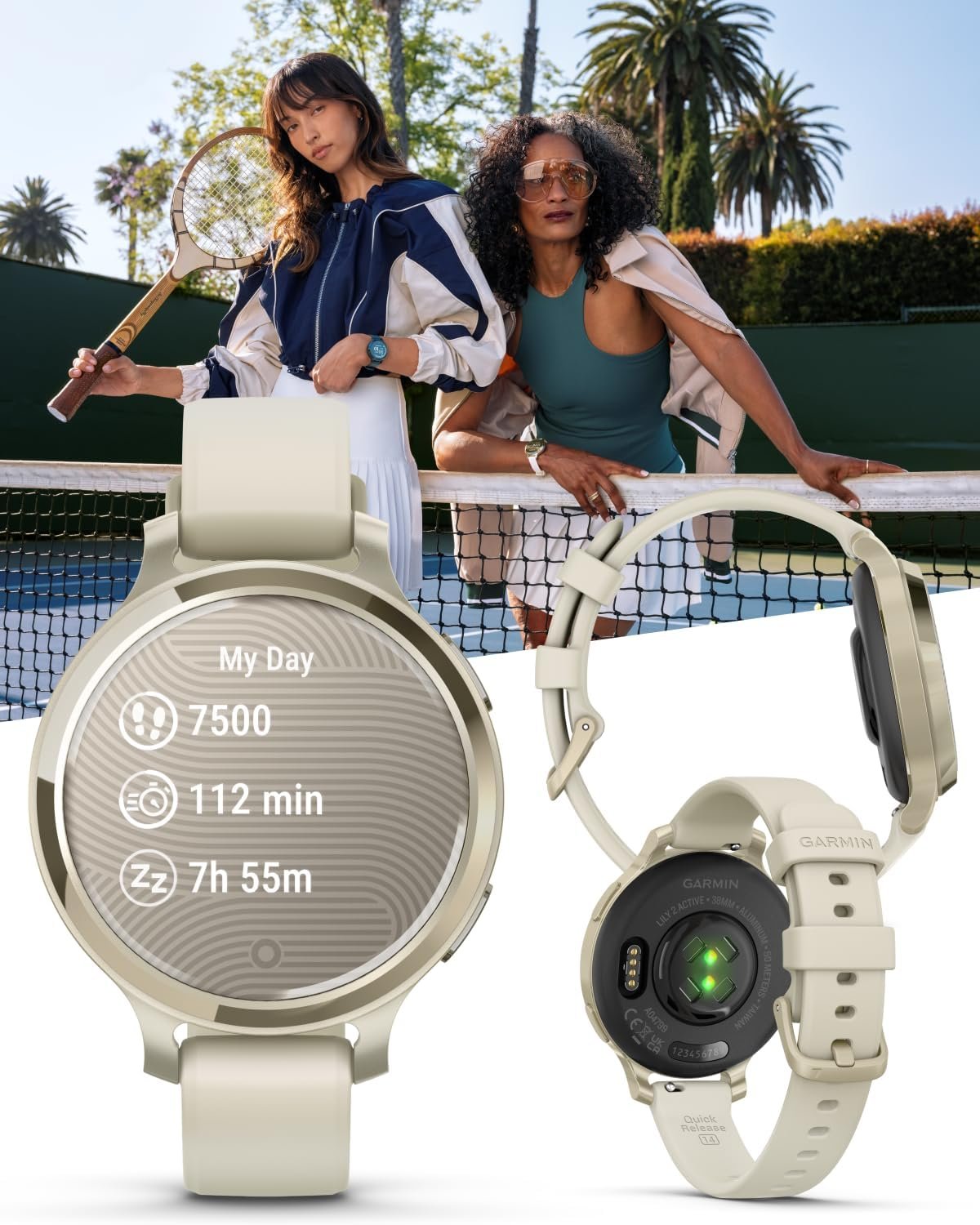 Wearable4U Garmin Lily 2 Active, Lunar Gold with Bone Silicone Band, Small and Stylish Smartwatch, Built-in GPS, Hidden Display, Patterned Lens, Up to 9 Days Battery Life White Earbuds Bundle - Image 2