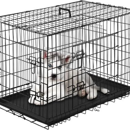 PayLessHere Small Dog Crate Kennel 24 inches Metal Dog Cage Double-Door Folding Travel Indoor Outdoor Puppy Playpen with Divider and Handle Plastic Tray,Black