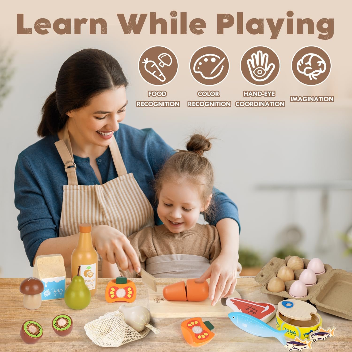 Lehoo Castle Wooden Play Food Sets for Kids Kitchen, Food Toys for Toddlers 3+ Year Old, Pretend Food Play Kitchen Accessories, Cutting Fruits Vegetables Toys, Gift for Boys Girls - Image 5