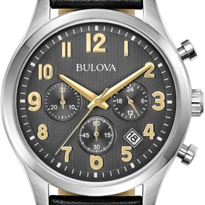 Bulova Men's Classic Stainless Steel 6-Hand Chronograph Quartz Leather Strap Watch with Grey Dial, Gold Accents, Arabic Markers, 41mm
