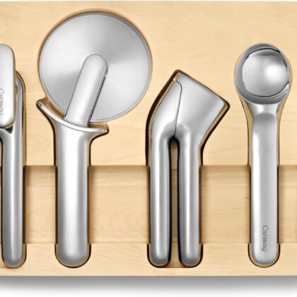 Caraway Kitchen Gadget Set - 5 Piece Kitchen Essentials - Stainless Steel - Includes Can Opener, Pizza Cutter, Garlic Press, Ice Cream Scoop, Vegetable Peeler, and Storage Organizer