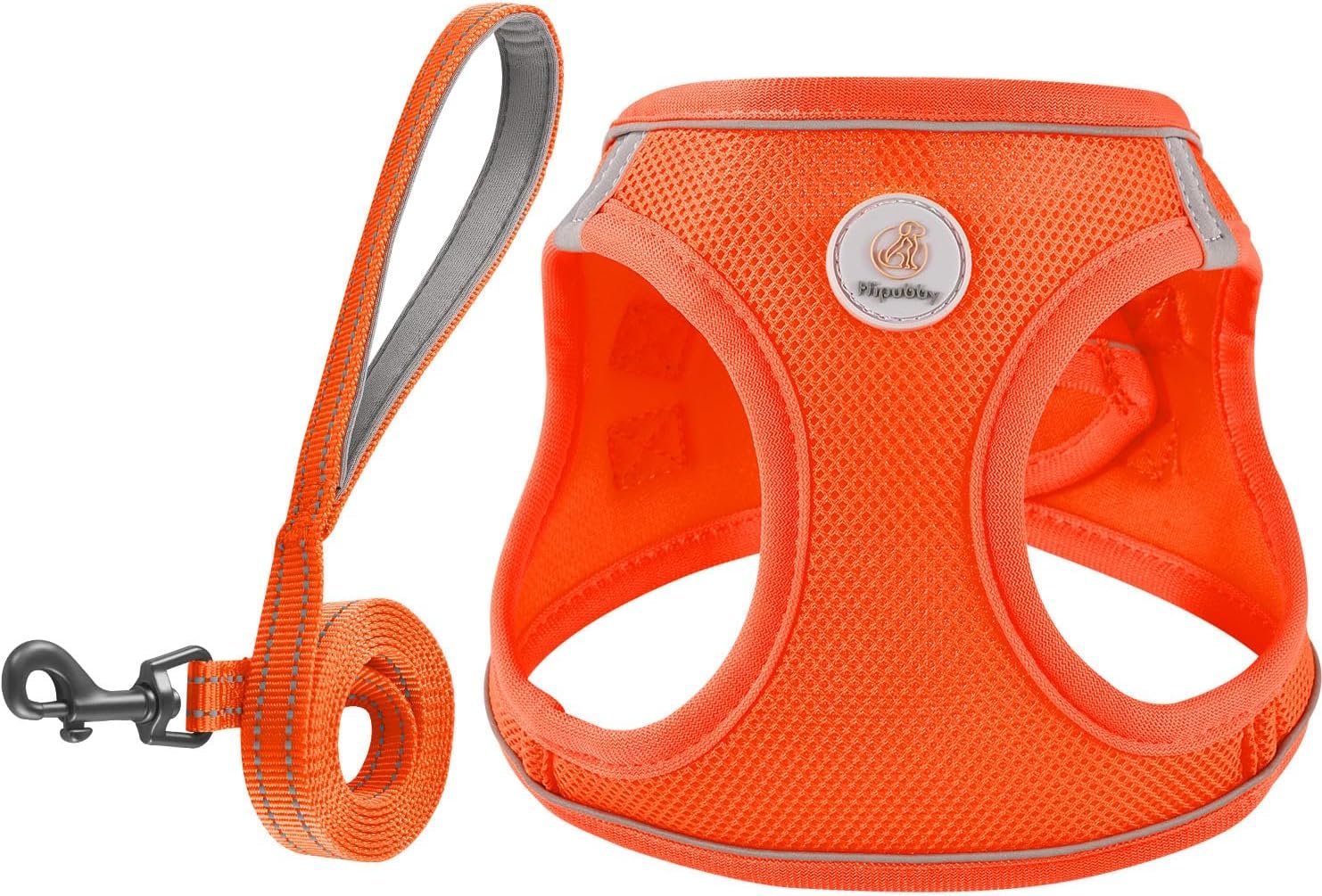 Hipubby Dog Harness and Leash Set, No Pull Soft Mesh Puppy Harness for Small Medium Dogs, Cats - Step in Reflective Breathable Lightweight Vest Harness for Walking, Training - Orange, S