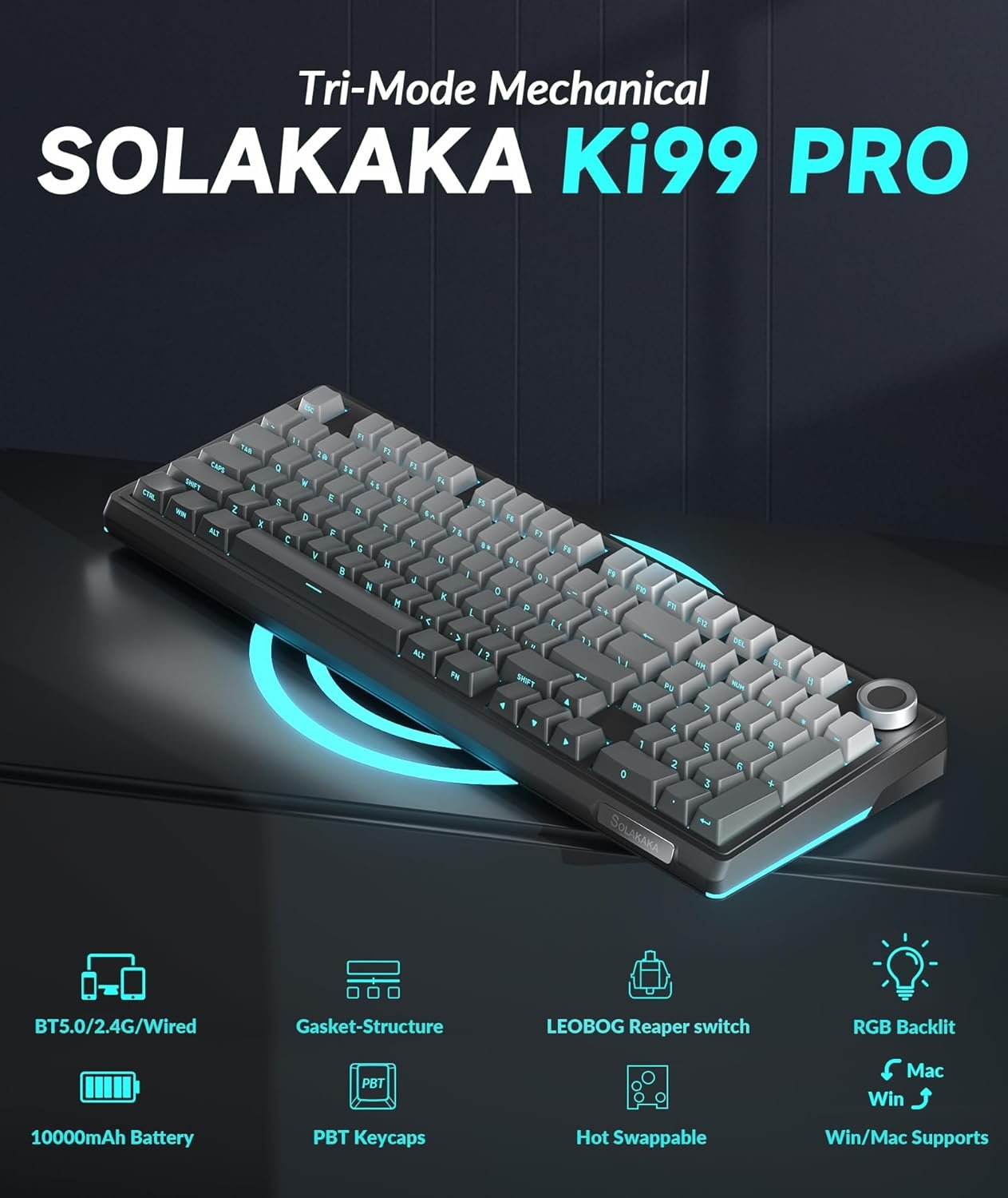 SOLAKAKA KI99 Pro 96% Wireless Mechanical Keyboard, RGB Gaming Keyboard, Hot-Swappable Pre-Lubed Switches, Gasket Structure Creamy Keyboards (Gradient-Black, Non-Silent Version) - Image 2