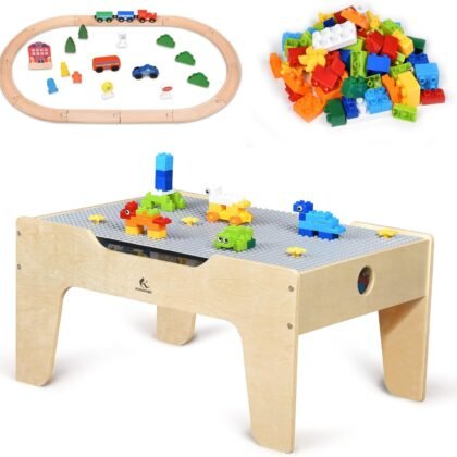 KRAND Kid's Multi-Purpose Activity Play Table with 60 Big Building Bricks and 30-Piece Wooden Train Set for Toddlers(Big-peg Baseplate Version)