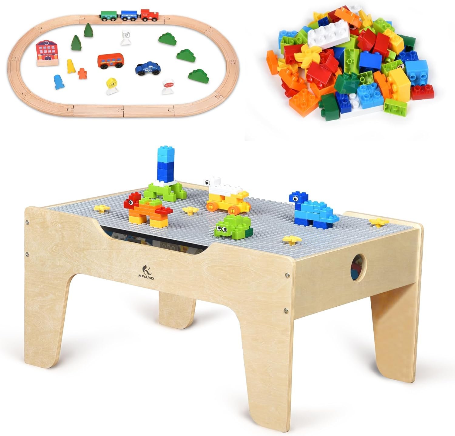 KRAND Kid's Multi-Purpose Activity Play Table with 60 Big Building Bricks and 30-Piece Wooden Train Set for Toddlers(Big-peg Baseplate Version)