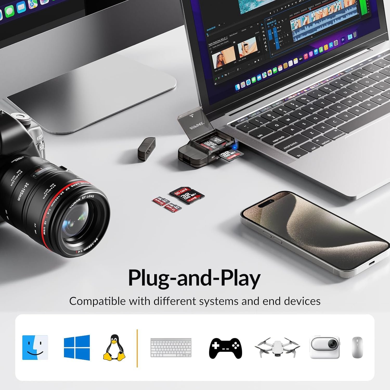 6-in-1 SD/TF Card Reader Adapter with SD Card Storage USB A & Type C Port & USB 3.0 Slots for Micro SD/SDHC/SDXC/MMC Memory Cards, Compatible with PC, MacBook, Chromebook, Android Phone, i-Phone - Image 2