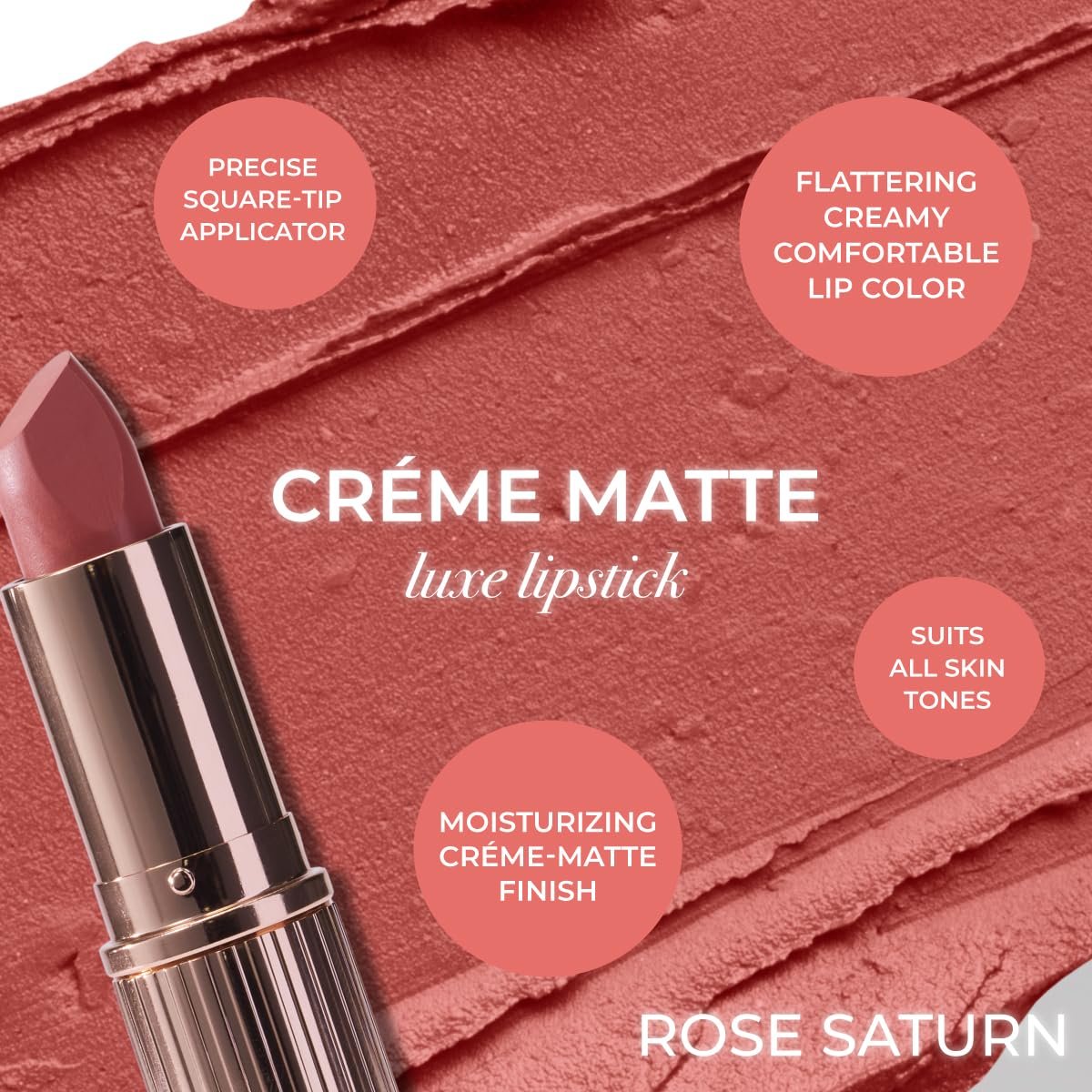 MCoBeauty - Crème Matte Luxe Lipstick - Rose Saturn, Peach Coral Shade - Long-Lasting Hydrating Soft Matte - Creamy High-Pigment Full Coverage Bullet Lipstick - Vegan & Cruelty Free Lip Color | Creamy Matte Finish, Velvety-Soft Formula, Long-Lasting, All Day Hydration, Square Tip Bullet, Vegan & Cruelty Free - Image 2