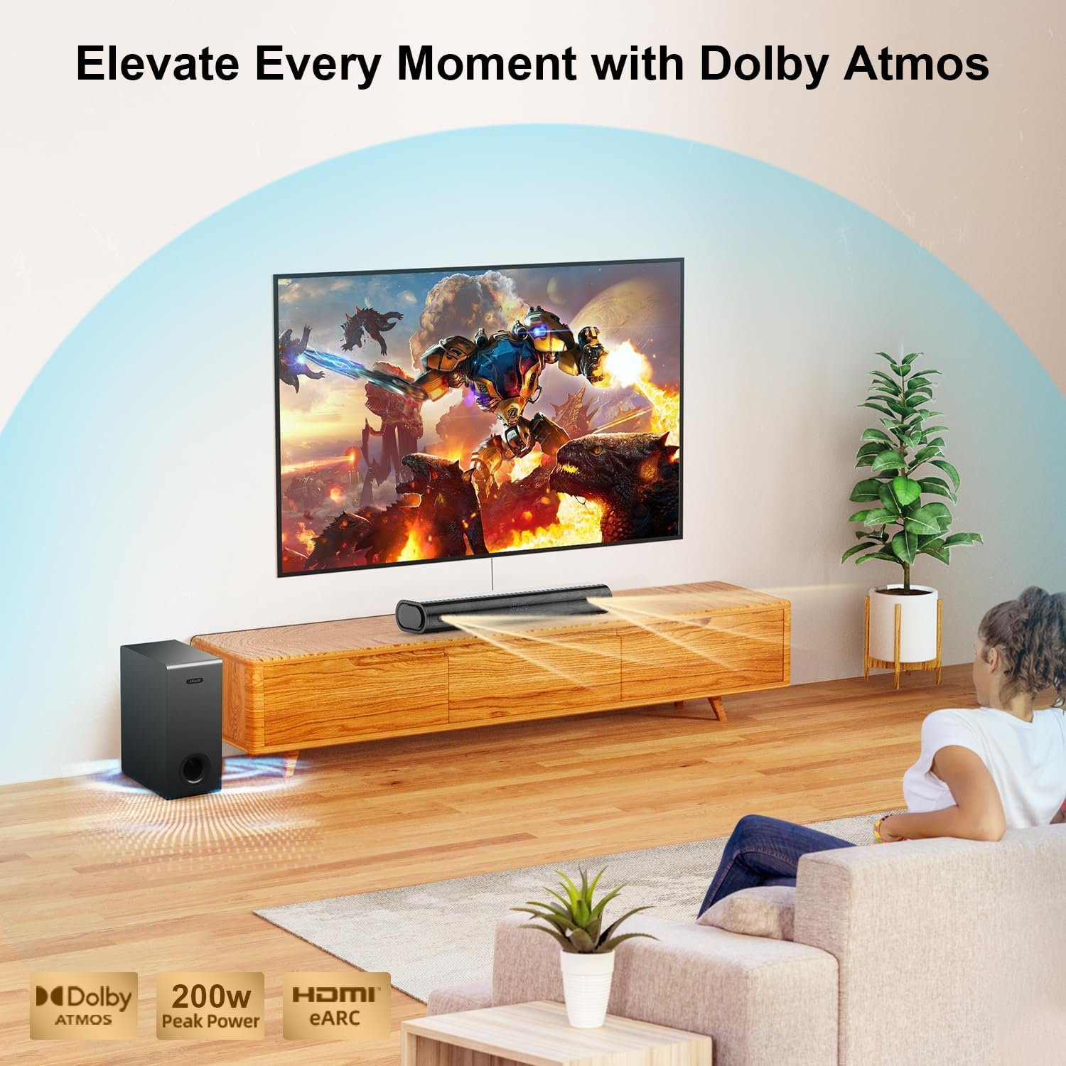 Hiwill 2.1CH Dolby Atmos Soundbar with Subwoofer, Home Theater Audio Sound Bar for Smart TV, Adjustable Treble and Bass, Clear Dialogue, HDMI eARC/ARC/Opt/BT/AUX, HiElite A21 - Image 2