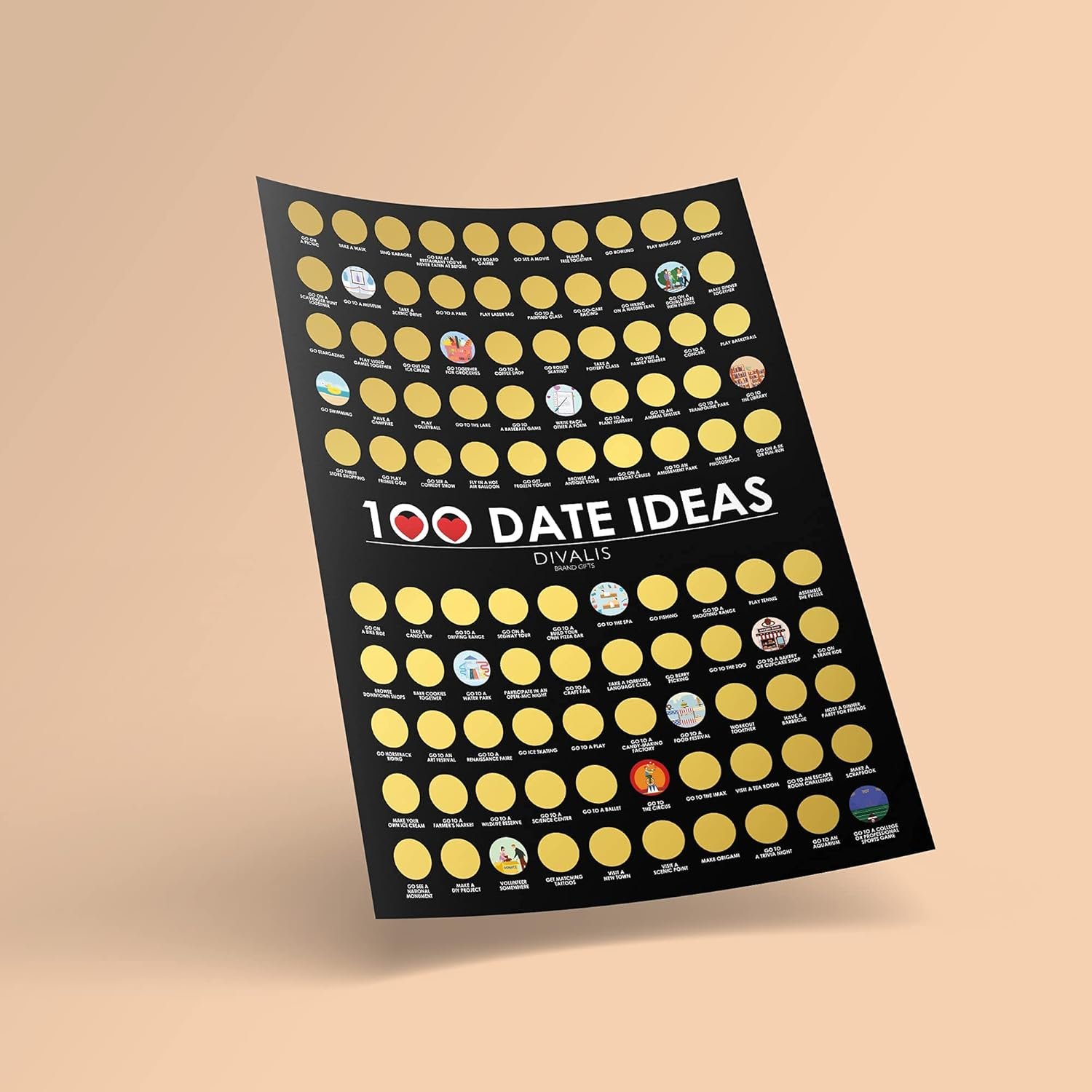 Divalis 100 Dates Scratch off Bucket List - Scratching Adventure Couple Things to Do Poster Scratchable Motivational Archievements Checklist, Black and Gold, L - Image 7