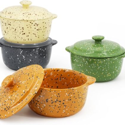 Ceramic Mini Cocotte Set of 4 for Oven,10 Oz Small Casserole Dishes with Handles and Lid,Individual Serving Pot for Souffle,Soup,Cobbler,Stoneware Baking Ramekins,Assorted Colors