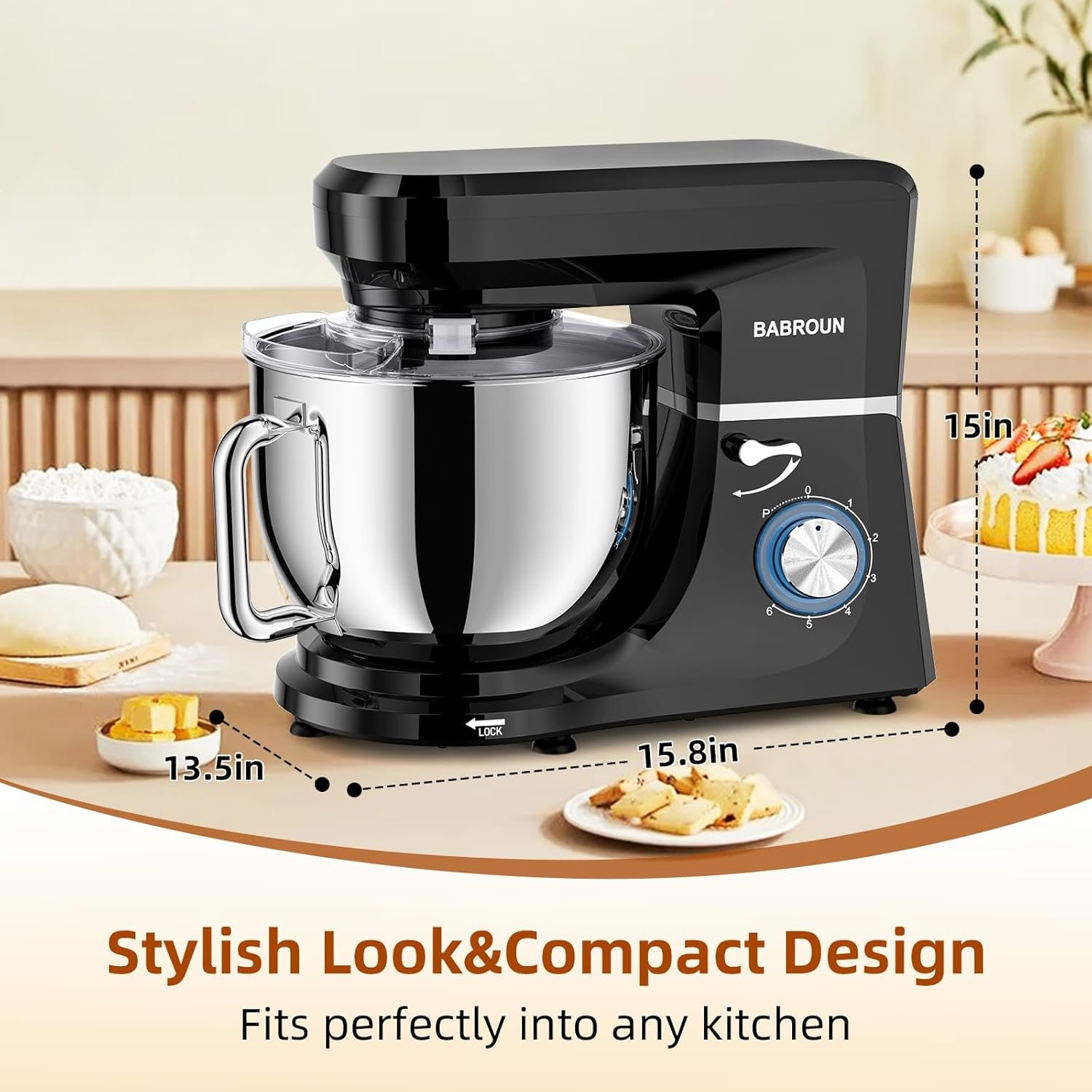 Dough Mixer 8.45 QT Electric Mixer - 660W 6 Speed Large Capacity Kitchen Stand Mixer with Whisk Dough Hook Mixing Beater Household Food Mixer for Baking Cakes Cookie Bread Salad - Image 5