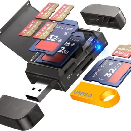 6-in-1 SD/TF Card Reader Adapter with SD Card Storage USB A & Type C Port & USB 3.0 Slots for Micro SD/SDHC/SDXC/MMC Memory Cards, Compatible with PC, MacBook, Chromebook, Android Phone, i-Phone