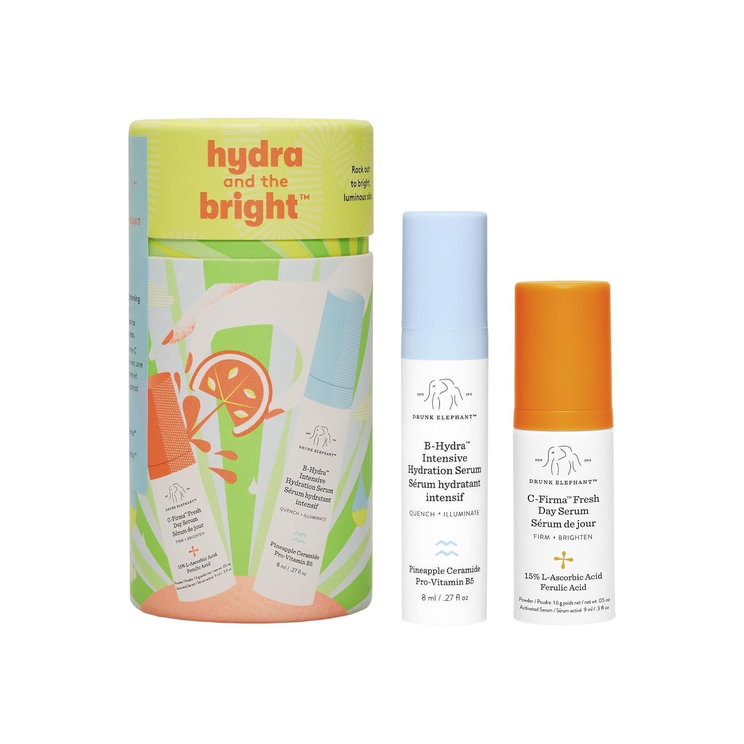 Drunk Elephant Hydra and the Bright - Includes C-Firma (9 ml) and B-Hydra (8 ml) - Clean Clinical Skincare - Cruelty-Free - Dermatologist-Tested - Free of Essential Oils, Silicones, and Fragrance
