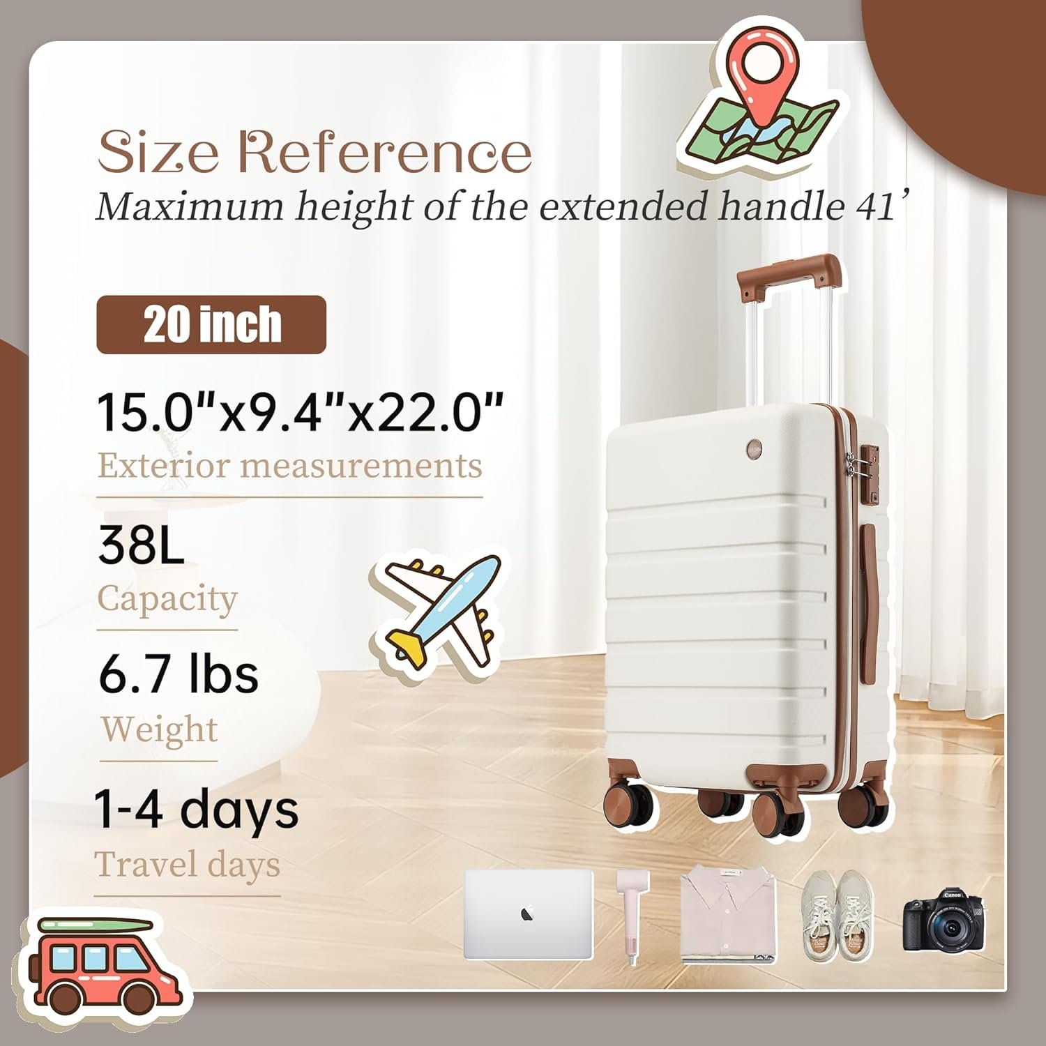 Hulsin Carry on Luggage Suitcase, 22x14x9 Airline Approved 20 Inch Hardside Carry-on Luggage with Spinner Wheels, Hard Shell Luggage with TSA Lock, Hard Case Small Travel Suitcase (White, 20-Inch) - Image 5