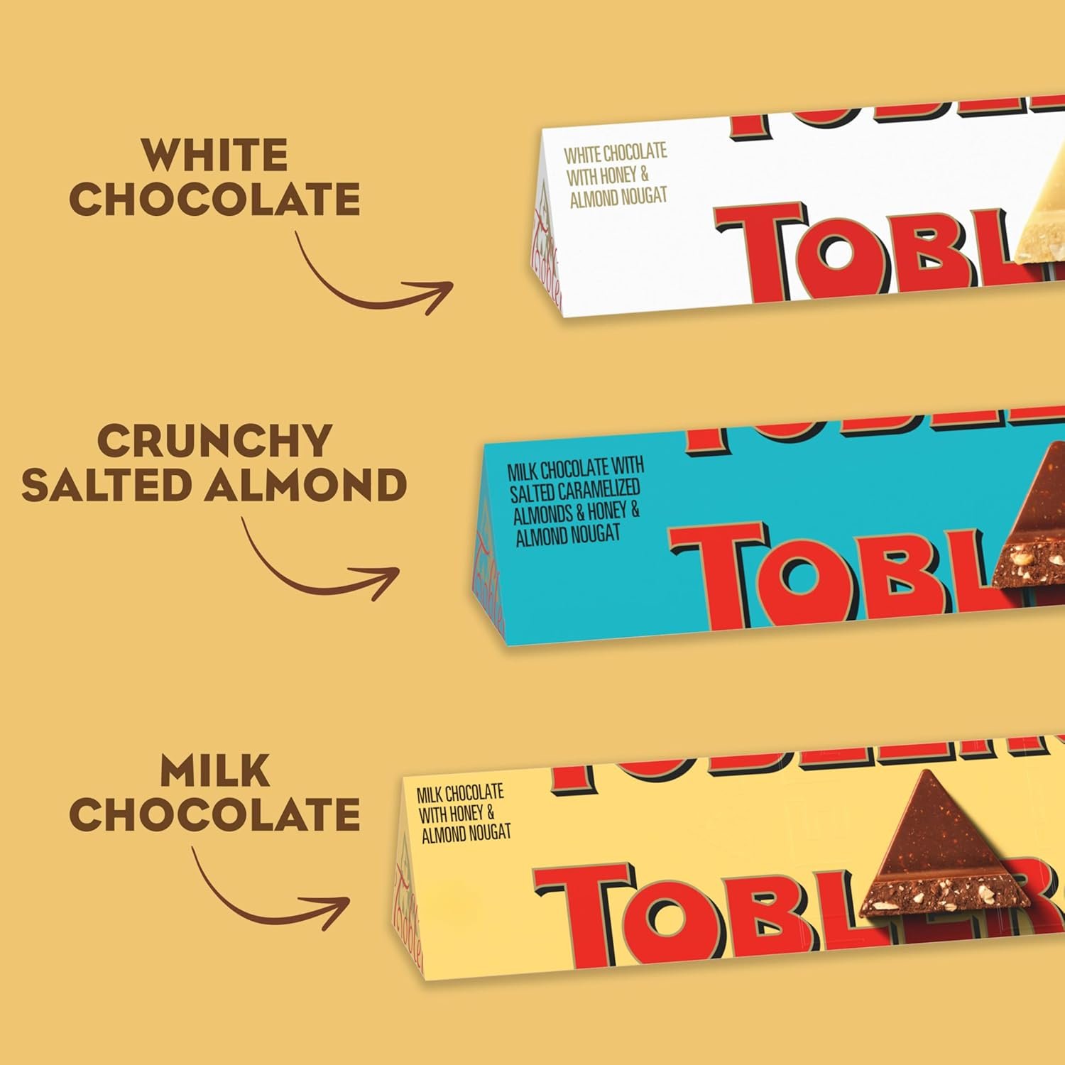TOBLERONE Assorted Chocolate Bars Variety Pack (Milk, White, & Salted Caramelized Almonds), Bulk Chocolate, 1 Gift Box (9 Bars) - Image 4