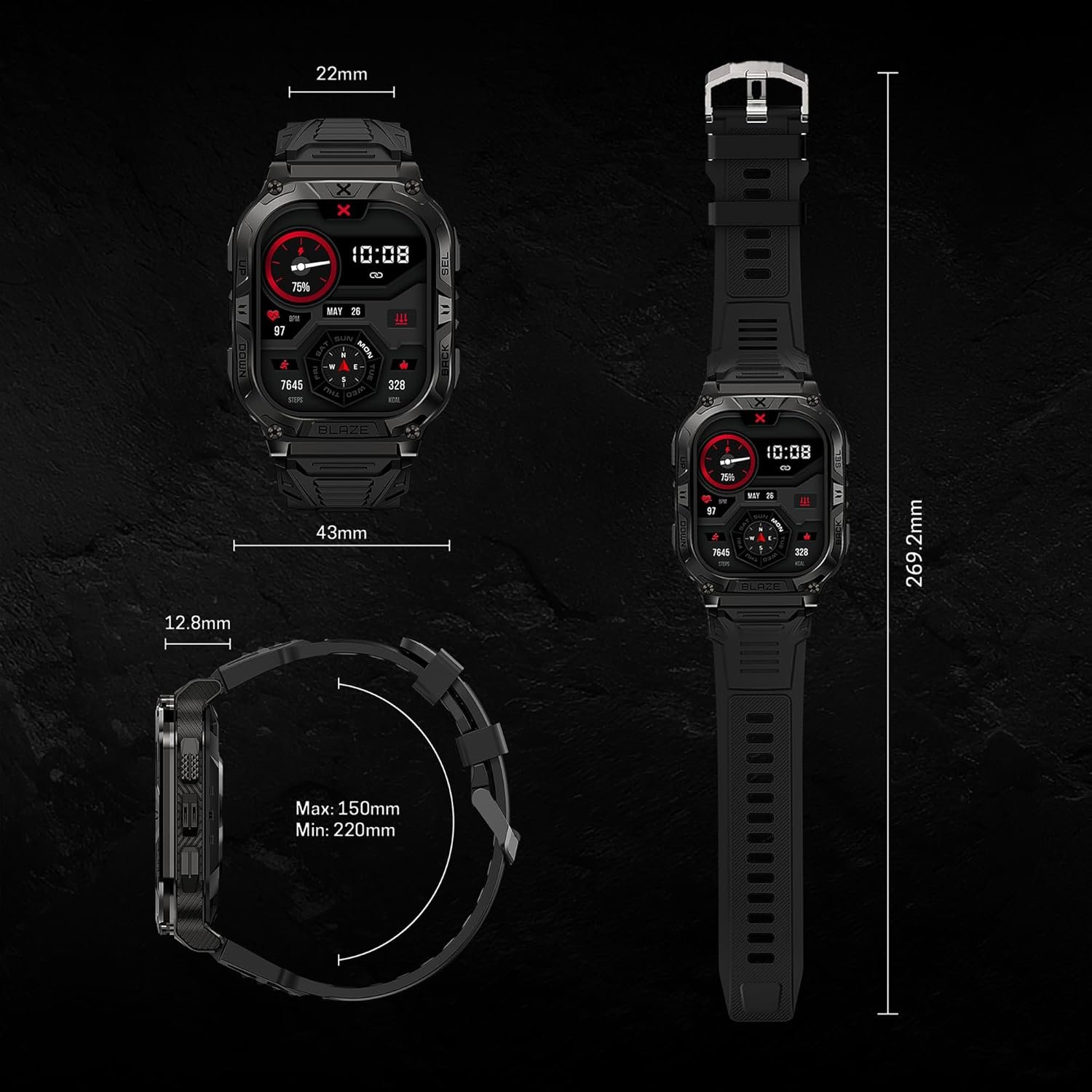 CARBINOX Blaze Smart Watch with GPS – Rugged Fitness Trackers, IP69K Waterproof, 170+ Sports Modes, Gorilla Glass, Make/Receive Calls, Step Counter Watch, Android & iOS Compatible - Image 5