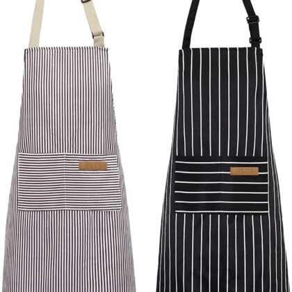 NLUS 2 Pack Kitchen Cooking Aprons, Adjustable Bib Soft Chef Apron with 2 Pockets for Men Women(Black/Brown Stripes)