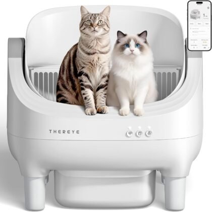 Thereye Self Cleaning Cat Litter Box, Open-Top Automatic Litter Box with APP Control, Safety Sensor and 10L Large Waste Bin, Smart Kitty Litter Boxes with Trash Bags and Mat for Multiple Cats