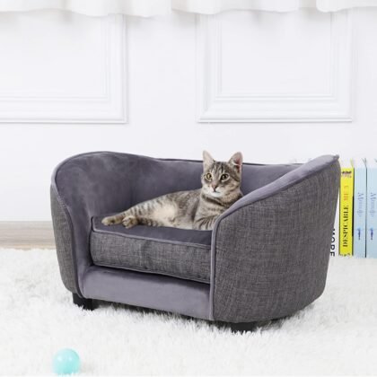 Getifun Pet Sofa Bed, Velvet & Linen Fabric Dog Couch with Washable Cushion for Small Dog Cat Gray (Gray)