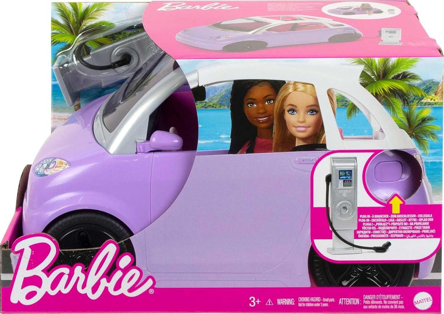 Barbie Doll Accessories, Toy Car Electric Vehicle with Charging Station, Plug & Sunroof, Purple 2-Seater Transforms into Convertible - Image 6