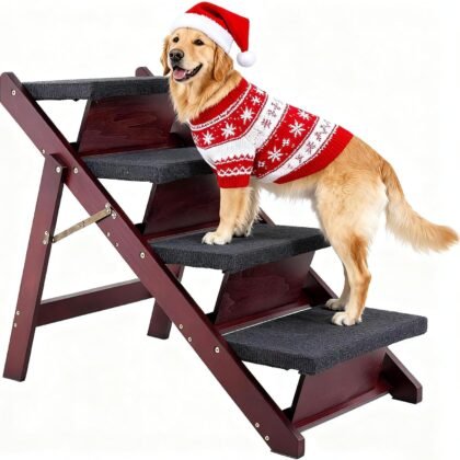 MEWANG Wooden Pet Stairs/Pet Steps - 3-in-1 Foldable Stairs & Ramp for Tall Beds and Cars - Portable Dog/Cat Ladder Up to 220 Pounds - for Small and Older Animals(Brown) (31.5" L x 17.2" W x 25.0" H)