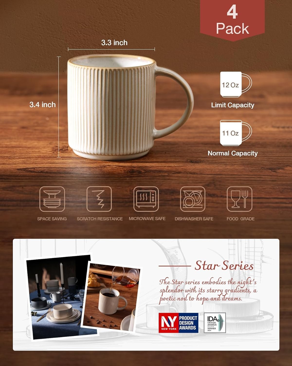 famiware Coffee Mug Set for 4, Star 12 oz Catering Mugs Cup Set with Handle for Coffee, Tea, Cocoa, Milk - Ceramic Stoneware Drinkware Set, Cappuccino White - Image 3