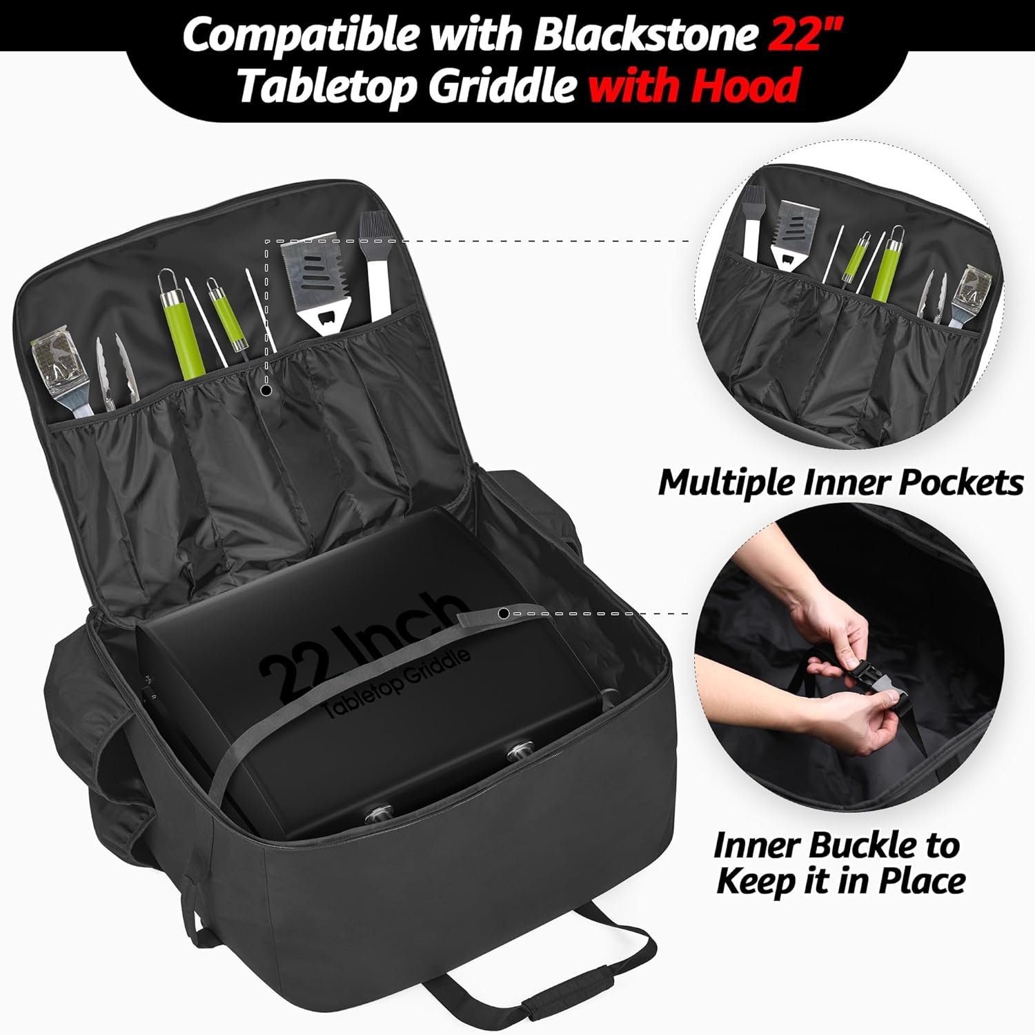 samdew Carry Bag for 22 Inch Tabletop Griddle with Hood, Outdoor Grill Cover Compatible with Blackstone 22 Inch Tabletop Griddle with Hood, Portable Camping Grill Storage Case with Pockets, Bag Only - Image 3