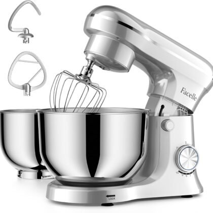 Facelle Tilt-Head Stand Mixer, 5QT+6QT Stainless Steel Two Bowls, 10 Speeds Kitchen Electric Food Mixer with Egg Whisk, Dough Hook, Beater, Dishwasher-Safe Attachment, Ideal Gift for Mom (Sliver)