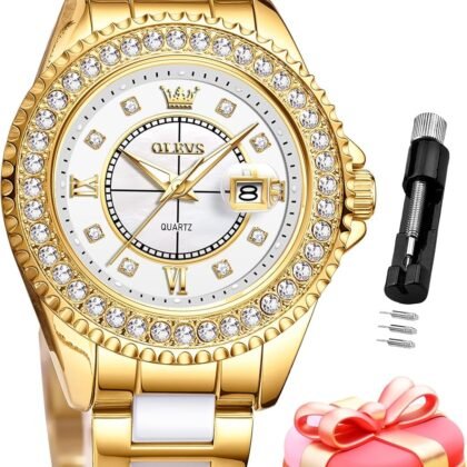 OLEVS Watches for Women Diamond with Date Luxury Leather Female Waterproof Women Wrist Watch Analog Dress Stainless Steel Ladies Watch Luminous Calendar Women Watch Green/Silver/Red Dial